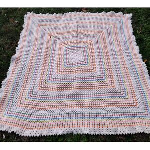 Vintage Handmade Crocheted Granny Square Afghan Throw Blanket 72"x68"
